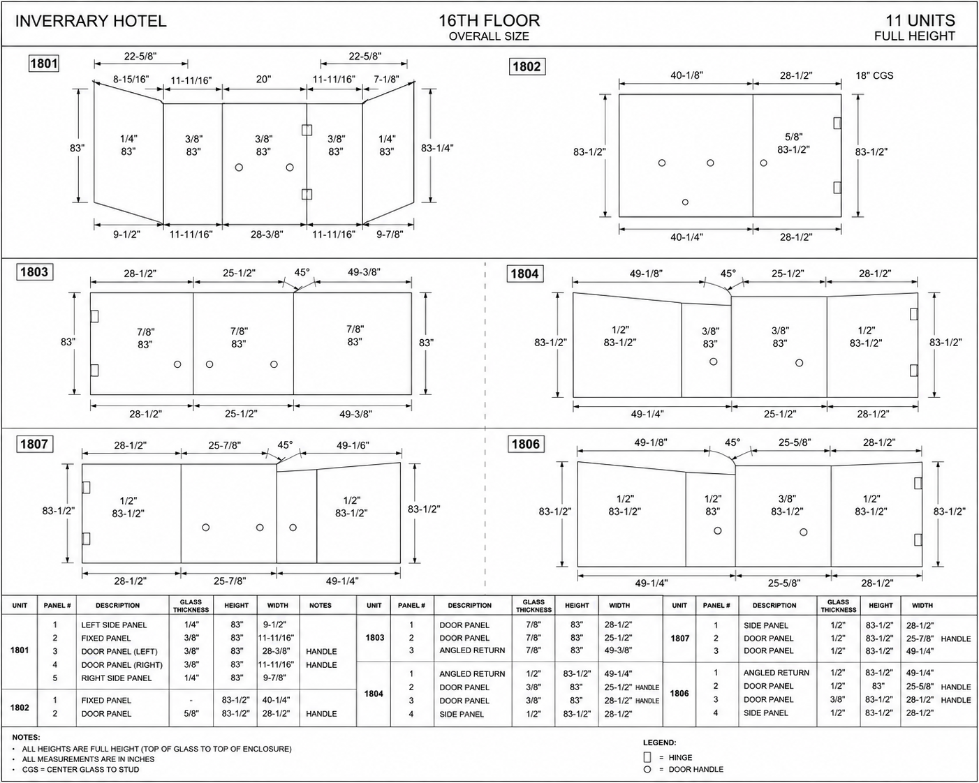 Shop drawing showing panel sizes for hotel shower enclosures on the 16th floor